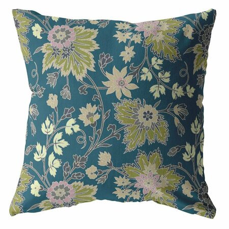 PALACEDESIGNS 20 in. Teal & Green Jacobean Indoor & Outdoor Throw Pillow PA3656129